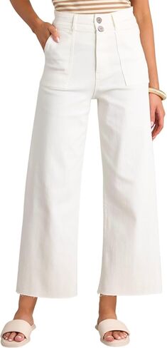 Allimy Womens High Rise Two Button Closure Cropped Jeans Wide Leg Front Slip Pockets Frayed Hem Denim Pant in Kuwait