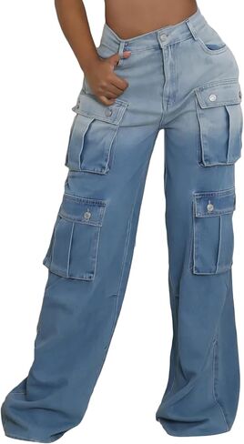 DINGANG Women's Baggy Cargo Jeans High Waisted Straight Leg Ripped Streetwear Stretchy Denim Pant in Kuwait