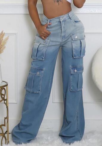 DINGANG Women's Baggy Cargo Jeans High Waisted Straight Leg Ripped Streetwear Stretchy Denim Pant in Kuwait