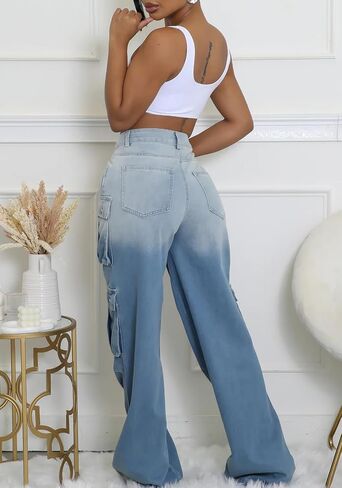 DINGANG Women's Baggy Cargo Jeans High Waisted Straight Leg Ripped Streetwear Stretchy Denim Pant in Kuwait