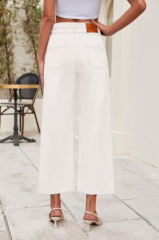 Allimy Womens High Rise Two Button Closure Cropped Jeans Wide Leg Front Slip Pockets Frayed Hem Denim Pant in Kuwait