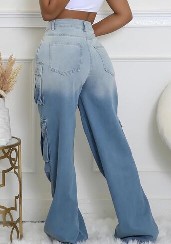 DINGANG Women's Baggy Cargo Jeans High Waisted Straight Leg Ripped Streetwear Stretchy Denim Pant in Kuwait