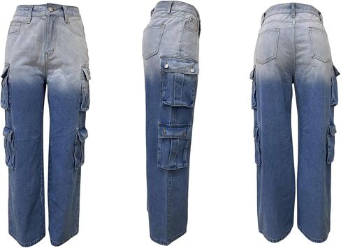 DINGANG Women's Baggy Cargo Jeans High Waisted Straight Leg Ripped Streetwear Stretchy Denim Pant in Kuwait