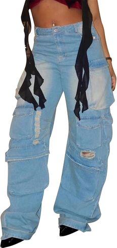 DINGANG Women's Baggy Cargo Jeans High Waisted Straight Leg Ripped Streetwear Stretchy Denim Pant in Kuwait