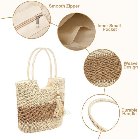 Long Keeper Beach Bags for Women Summer Straw Bag with Zipper Woven Shoulder Handbag Beach Tote Bags for Travel Vacation in Saudi Arabia