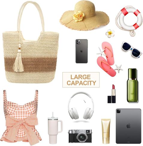 Long Keeper Beach Bags for Women Summer Straw Bag with Zipper Woven Shoulder Handbag Beach Tote Bags for Travel Vacation in Saudi Arabia