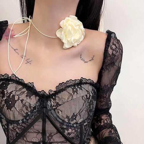Flower Choker Necklace for Women Adjustable Mountain Camellia Flower Necklace Rose Choker Handmade Lace up Design Velvet Floral Choker Elegant Summer Necklaces for Wedding Party Holiday in Kuwait