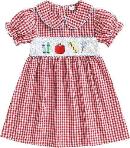 Little Baby Girl Back to School Clothes Embroidery Plaid Dresses Short Sleeve Smocked Dress Summer Princess Outfit in Kuwait