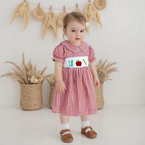 Little Baby Girl Back to School Clothes Embroidery Plaid Dresses Short Sleeve Smocked Dress Summer Princess Outfit in Kuwait