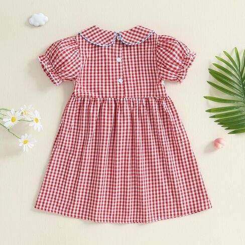 Little Baby Girl Back to School Clothes Embroidery Plaid Dresses Short Sleeve Smocked Dress Summer Princess Outfit in Kuwait