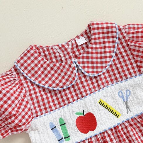 Little Baby Girl Back to School Clothes Embroidery Plaid Dresses Short Sleeve Smocked Dress Summer Princess Outfit in Kuwait