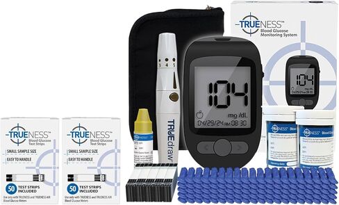 TRUENESS Blood Glucose Meter Bundle - Includes Meter, Meter Case, 100 Test Strips, 100 Lancets, Lancing Device and Control Solution - Ideal for Testing Blood Sugar Levels & Diabetes Management in Saudi Arabia