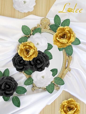 108 قطعة من زهور الرأس مع جذع - زهور صناعية للتخرج باللونين الأسود والذهبي - زهور صناعية وردية حريرية لتزيين باقة الزفاف DIY قطع مركزية لحفلات التخرج وتزيين طاولات الحفلات in Kuwait