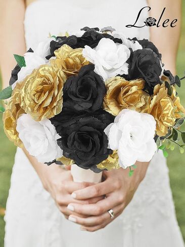 108 قطعة من زهور الرأس مع جذع - زهور صناعية للتخرج باللونين الأسود والذهبي - زهور صناعية وردية حريرية لتزيين باقة الزفاف DIY قطع مركزية لحفلات التخرج وتزيين طاولات الحفلات in Kuwait