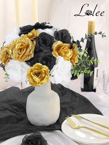 108 قطعة من زهور الرأس مع جذع - زهور صناعية للتخرج باللونين الأسود والذهبي - زهور صناعية وردية حريرية لتزيين باقة الزفاف DIY قطع مركزية لحفلات التخرج وتزيين طاولات الحفلات in Kuwait