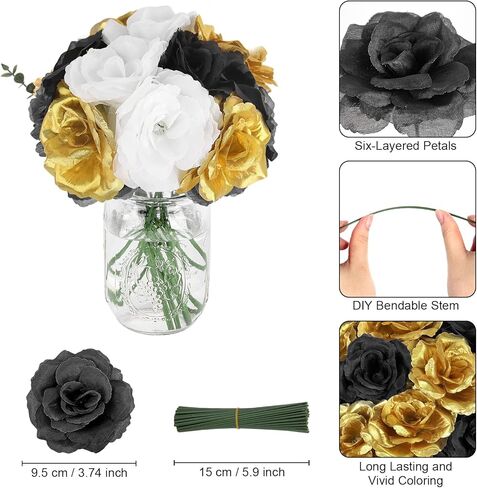 108 قطعة من زهور الرأس مع جذع - زهور صناعية للتخرج باللونين الأسود والذهبي - زهور صناعية وردية حريرية لتزيين باقة الزفاف DIY قطع مركزية لحفلات التخرج وتزيين طاولات الحفلات in Kuwait