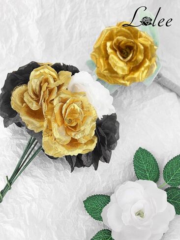 108 قطعة من زهور الرأس مع جذع - زهور صناعية للتخرج باللونين الأسود والذهبي - زهور صناعية وردية حريرية لتزيين باقة الزفاف DIY قطع مركزية لحفلات التخرج وتزيين طاولات الحفلات in Kuwait