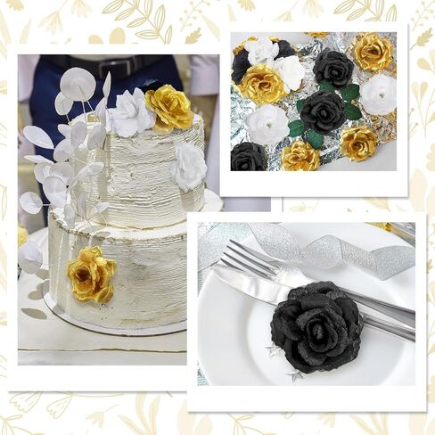 108 قطعة من زهور الرأس مع جذع - زهور صناعية للتخرج باللونين الأسود والذهبي - زهور صناعية وردية حريرية لتزيين باقة الزفاف DIY قطع مركزية لحفلات التخرج وتزيين طاولات الحفلات in Kuwait