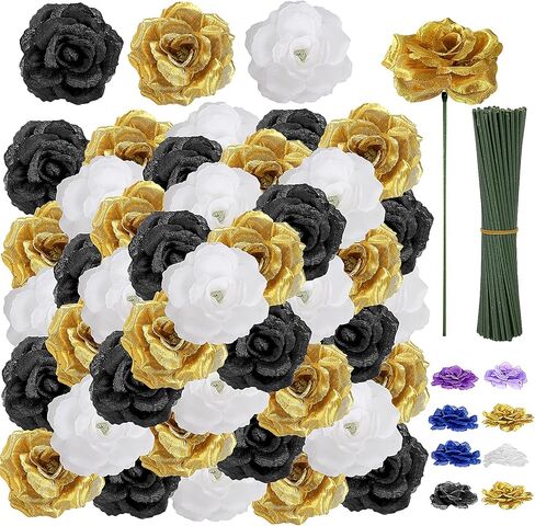 108 قطعة من زهور الرأس مع جذع - زهور صناعية للتخرج باللونين الأسود والذهبي - زهور صناعية وردية حريرية لتزيين باقة الزفاف DIY قطع مركزية لحفلات التخرج وتزيين طاولات الحفلات in Kuwait