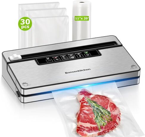 Bonsenkitchen Vacuum Sealer Machine, Food Sealer with 5 Modes, Built-in Cutter & Bag Storage, Globefish Technology for High-Speed Continuous Working, Include 100 Vacuum Bags & 1 Roll Bag in Kuwait