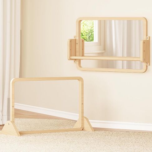 Montessori Mirror with Bar, Adjustable Baby Pull to Stand Toys 6M+ | Natural Solid Wood Frame & Baby Pull Up Bar, Infant Coordination Toddler Mirror, Developmental Toys for Baby 6-18 Months in Saudi Arabia
