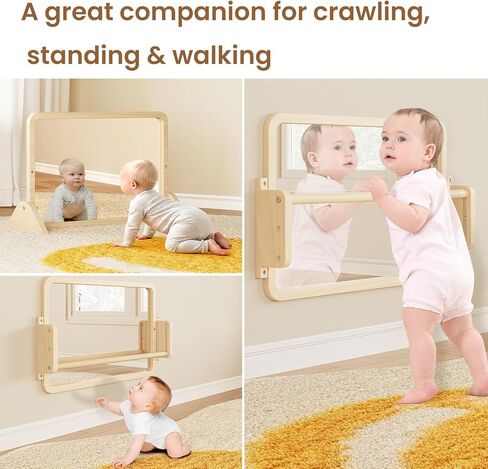 Montessori Mirror with Bar, Adjustable Baby Pull to Stand Toys 6M+ | Natural Solid Wood Frame & Baby Pull Up Bar, Infant Coordination Toddler Mirror, Developmental Toys for Baby 6-18 Months in Saudi Arabia