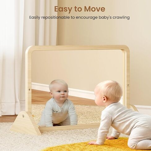 Montessori Mirror with Bar, Adjustable Baby Pull to Stand Toys 6M+ | Natural Solid Wood Frame & Baby Pull Up Bar, Infant Coordination Toddler Mirror, Developmental Toys for Baby 6-18 Months in Saudi Arabia