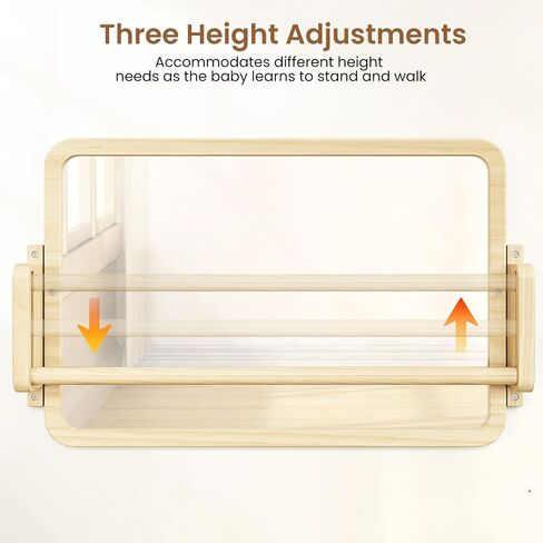 Montessori Mirror with Bar, Adjustable Baby Pull to Stand Toys 6M+ | Natural Solid Wood Frame & Baby Pull Up Bar, Infant Coordination Toddler Mirror, Developmental Toys for Baby 6-18 Months in Saudi Arabia