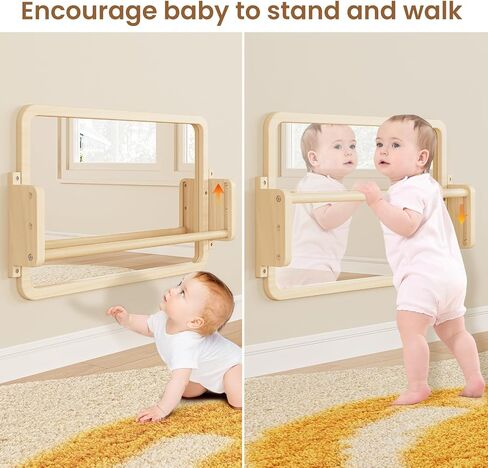 Montessori Mirror with Bar, Adjustable Baby Pull to Stand Toys 6M+ | Natural Solid Wood Frame & Baby Pull Up Bar, Infant Coordination Toddler Mirror, Developmental Toys for Baby 6-18 Months in Saudi Arabia