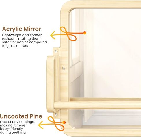 Montessori Mirror with Bar, Adjustable Baby Pull to Stand Toys 6M+ | Natural Solid Wood Frame & Baby Pull Up Bar, Infant Coordination Toddler Mirror, Developmental Toys for Baby 6-18 Months in Saudi Arabia