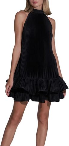 Niiyyjj Casual Pleated Mini Dresses for Women Mock Neck Sleeveless Halterneck High Waist Loose Dress in Kuwait