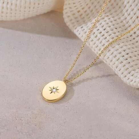 Gold Pendant Necklaces for Women 14K Gold Necklaces for Women North Star Pendant Necklaces with Cubic Zirconia Simple Meaningful and Beautifully Design Simple Oval Necklace in Saudi Arabia