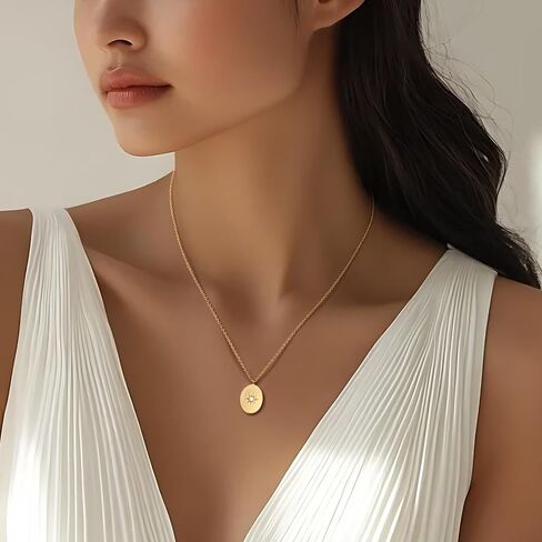 Gold Pendant Necklaces for Women 14K Gold Necklaces for Women North Star Pendant Necklaces with Cubic Zirconia Simple Meaningful and Beautifully Design Simple Oval Necklace in Saudi Arabia