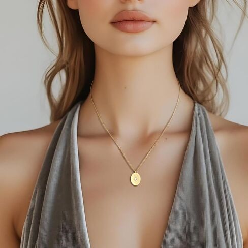 Gold Pendant Necklaces for Women 14K Gold Necklaces for Women North Star Pendant Necklaces with Cubic Zirconia Simple Meaningful and Beautifully Design Simple Oval Necklace in Saudi Arabia