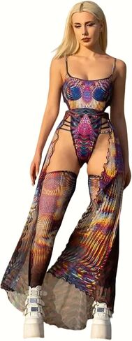 Holographic Rave Festival Set for Women – 3 Piece Mesh Bodysuit with Thigh-Highs & Flare Skirt Panels in Saudi Arabia