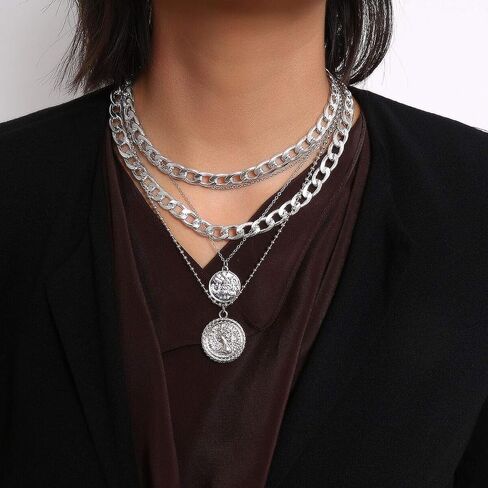 Pirate Necklace Chunky Gold Necklace for Women vintage Pirate Coin Pendant Necklace Fashion Chunky Chain Choker Necklaces Pirate Costume Women Men Jewellery in Saudi Arabia