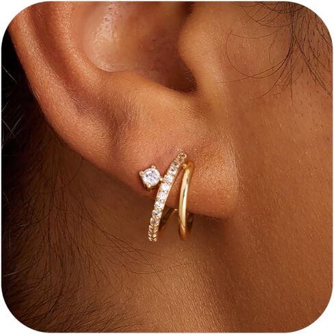 Gold Hoop Earrings for Women 14K Gold Plated Triple Huggie Hoop Earrings Hypoallergenic Lightweight Wedding Earrings For Brides Jewelry Gifts for Women Trendy in Saudi Arabia