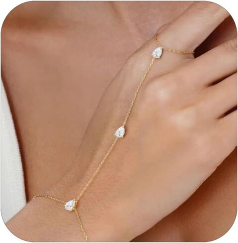 Hand Chain for Women Dainty Gold Finger Ring Bracelet 14K Gold Plated Diamond Hand Chain Bracelets for Women Trendy Gold Jewelry in Kuwait