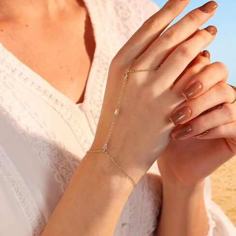 Hand Chain for Women Dainty Gold Finger Ring Bracelet 14K Gold Plated Diamond Hand Chain Bracelets for Women Trendy Gold Jewelry in Kuwait