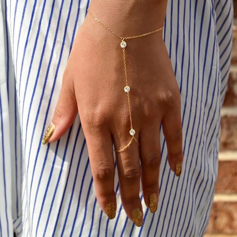 Hand Chain for Women Dainty Gold Finger Ring Bracelet 14K Gold Plated Diamond Hand Chain Bracelets for Women Trendy Gold Jewelry in Kuwait