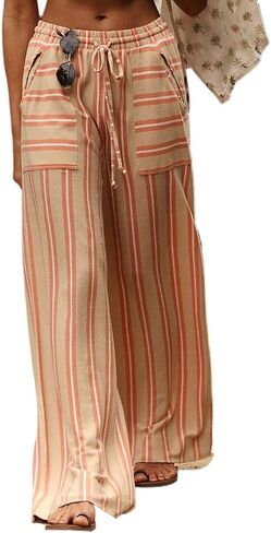 Obenie Women's Wide Leg Casual Striped Pants with Drawstring Elastic Waist Wide Leg Pants Y2K Striped Pants with Pockets in Kuwait