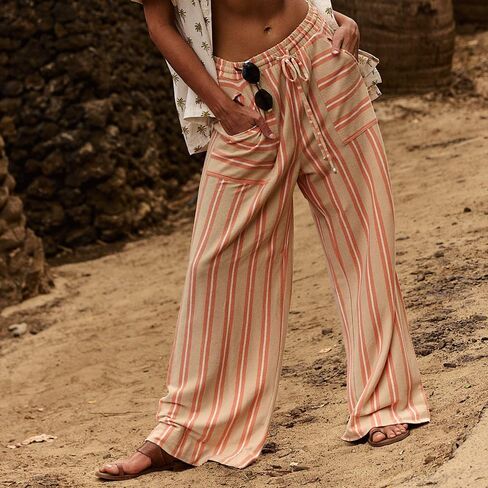 Obenie Women's Wide Leg Casual Striped Pants with Drawstring Elastic Waist Wide Leg Pants Y2K Striped Pants with Pockets in Kuwait