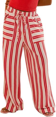 Obenie Women's Wide Leg Casual Striped Pants with Drawstring Elastic Waist Wide Leg Pants Y2K Striped Pants with Pockets in Kuwait