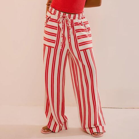 Obenie Women's Wide Leg Casual Striped Pants with Drawstring Elastic Waist Wide Leg Pants Y2K Striped Pants with Pockets in Kuwait