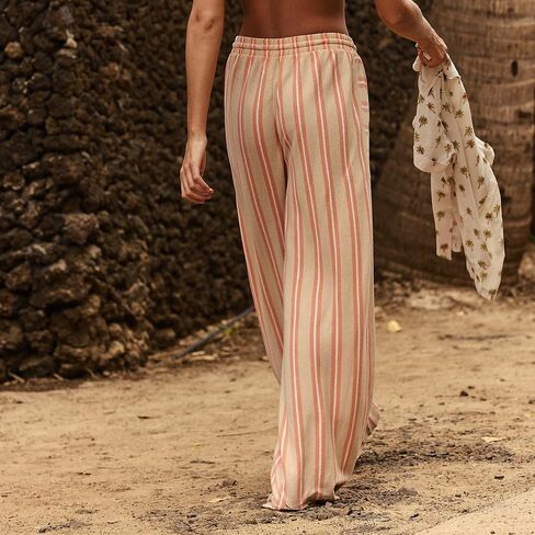 Obenie Women's Wide Leg Casual Striped Pants with Drawstring Elastic Waist Wide Leg Pants Y2K Striped Pants with Pockets in Kuwait
