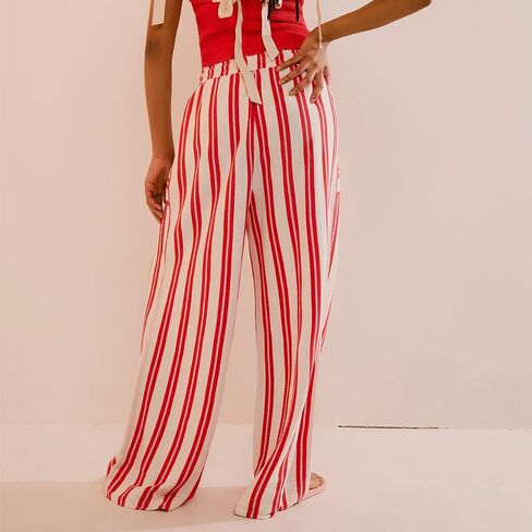 Obenie Women's Wide Leg Casual Striped Pants with Drawstring Elastic Waist Wide Leg Pants Y2K Striped Pants with Pockets in Kuwait