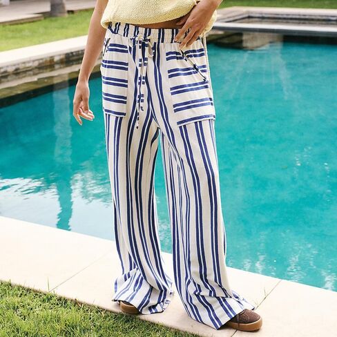 Obenie Women's Wide Leg Casual Striped Pants with Drawstring Elastic Waist Wide Leg Pants Y2K Striped Pants with Pockets in Kuwait