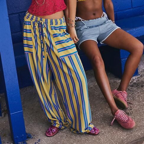 Obenie Women's Wide Leg Casual Striped Pants with Drawstring Elastic Waist Wide Leg Pants Y2K Striped Pants with Pockets in Kuwait