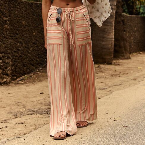 Obenie Women's Wide Leg Casual Striped Pants with Drawstring Elastic Waist Wide Leg Pants Y2K Striped Pants with Pockets in Kuwait