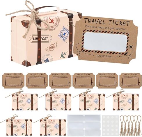 Yinkin 6 Set DIY Surprise Mini Suitcase Vintage Mini Suitcase Gift Box for Party Favor Kraft Paper Box with Travel Ticket Scratch Reveal Card Tags for Travel Themed Party Vacations Family Trips Away in Saudi Arabia